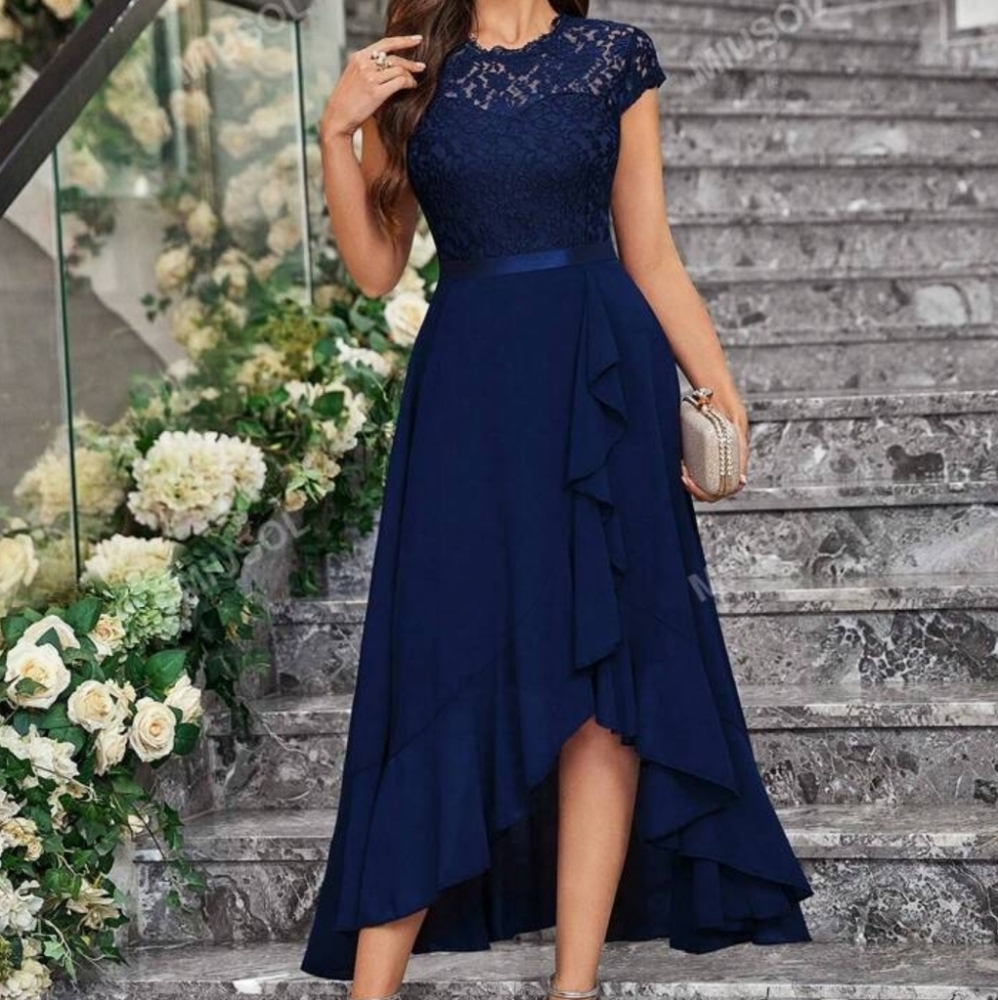 Elegant Navy Lace Evening Dress